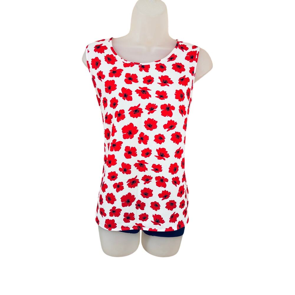 Anne Klein sleeveless white and red floral boatneck top blouse sz XS